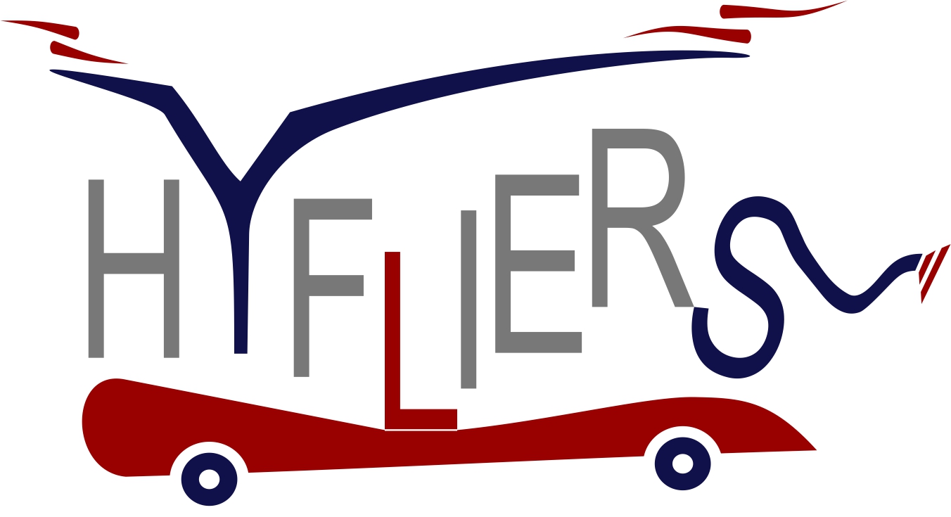 logo of the HYFLIERS project showing a styled representation of a hybrid robot: the letters for HYFLIERS are above a wheeled vehicle resembling a car, the letter Y is styled as drone rotors, and the letter S styled as an extension for inspection, with the upper end streched to the right with a styled inspection sensor at its end